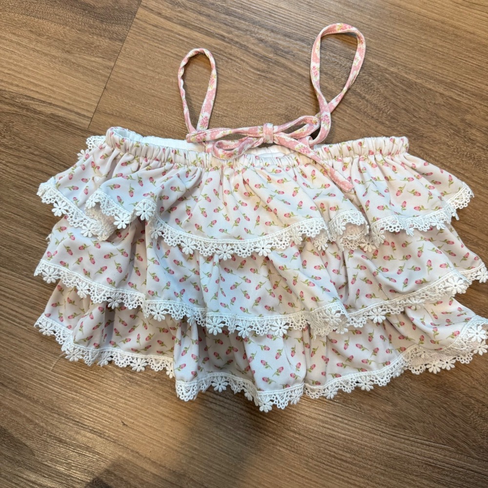 Bliss by LBCCo Girls Pink Floral Ruffle Lace Top Size 8 Cottagecore - Picture 2 of 8